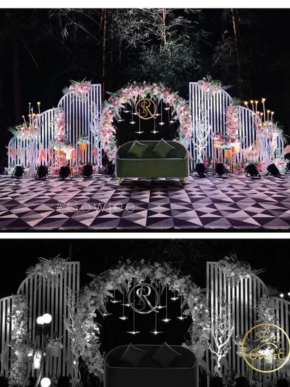 A design mock-up and the final result of a chic reception stage with a checkered floor and modern white panels.