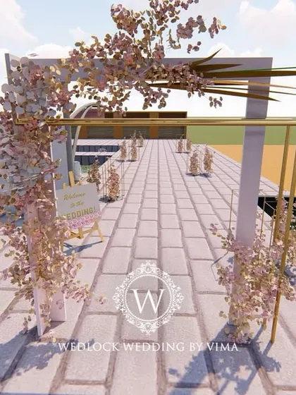 For this Punjabi wedding, we designed a subtle and elegant poolside mandap. The decor featured light fabrics, soft peachy-pink florals, and hints of gold to complement the serene setting.