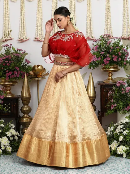 A different take on the cape blouse, paired with a beige gold pleated silk lehenga for a lighter, more contemporary festive look.