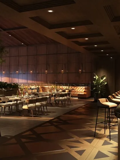 The interior of The Foresta's main restaurant was designed to be an experience of opulent luxury. I used rich wood textures, a dramatic coffered ceiling, and warm ambient lighting to create an atmosphere that is both refined and deeply inviting for an unforgettable dining experience.