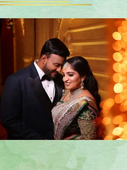 An artistic reception portrait with beautiful bokeh lighting. This style adds a touch of glamour and romance to the couple's special evening.