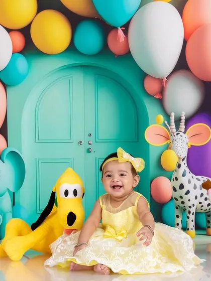 An eight-month-old's photoshoot filled with color! The vibrant balloon wall and collection of cute animal toys create a cheerful and playful setting for this happy baby girl.