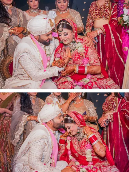The ring ceremony and a sweet kiss on the forehead, capturing two key moments of commitment and affection.