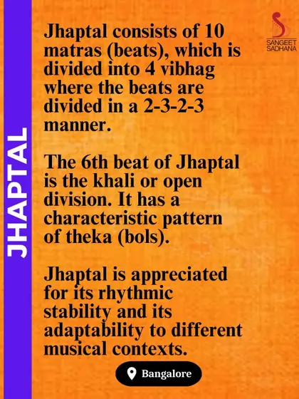 Understanding Jhaptal, a 10-beat taal known for its rhythmic stability and energy. Its unique 2-3-2-3 beat division makes it adaptable to many different musical contexts, from classical to semi-classical.