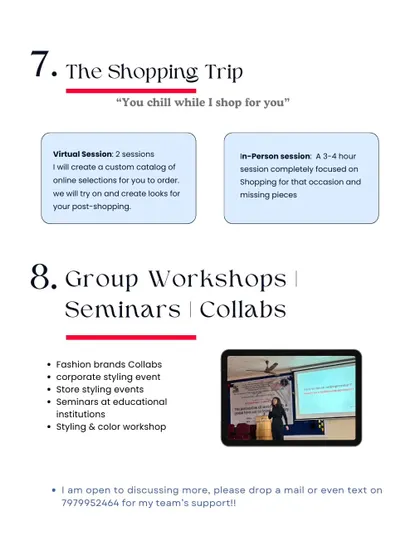 A closer look at some of my services, including virtual and in-person shopping trips, group workshops for corporate or educational settings, and brand collaborations.