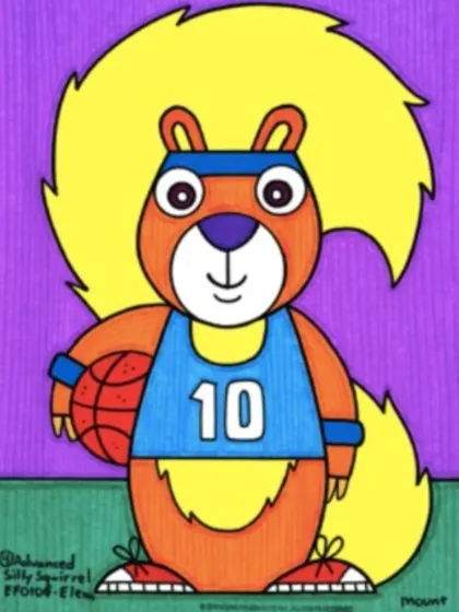 A sporty squirrel ready to play basketball. This character design teaches students how to combine animal features with human-like expressions and accessories.