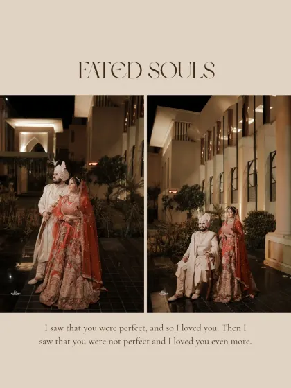 A diptych of the couple posing majestically at their destination wedding venue at night. The grand architecture and lighting add to the luxurious feel of the portraits.