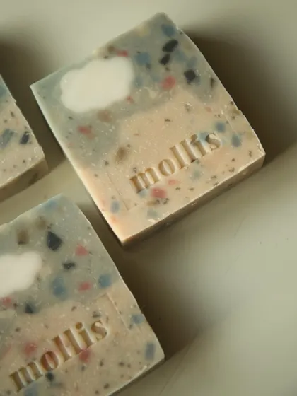 My Sweet Fig soap, scented with warm brown sugar and ripe figs. The colorful specks are soap shavings, ensuring nothing goes to waste.