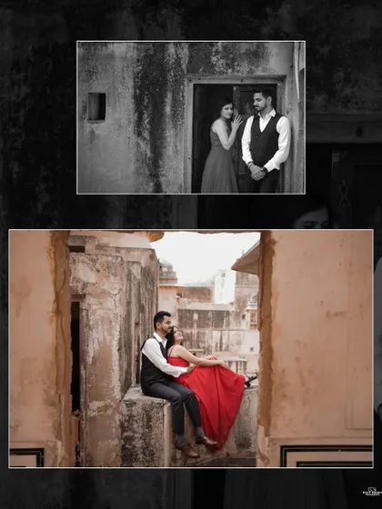 A two-panel image from Amer Fort, contrasting a candid black and white shot in a doorway with a colorful, romantic pose on a ledge overlooking the palace grounds.