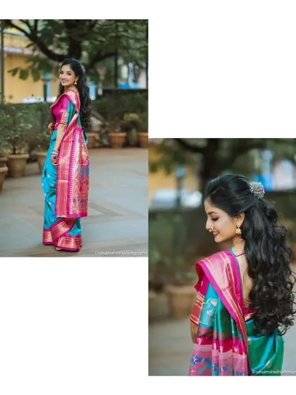 A beautiful portrait of the bride-to-be, Apurva, showcasing her vibrant turquoise and pink Paithani saree and elegant hairstyle before her engagement ceremony in Thane.