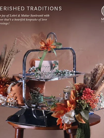 "Cherished Traditions." This Lohri hamper is presented as a heartfelt keepsake of love and blessings, combining traditional harvest elements with luxurious design.
