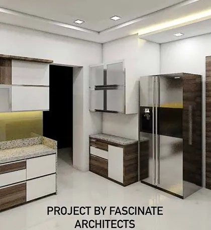 A 3D render of a kitchen design concept. This visualization shows a combination of wood and white cabinets, demonstrating how we plan for both aesthetics and functionality before execution.