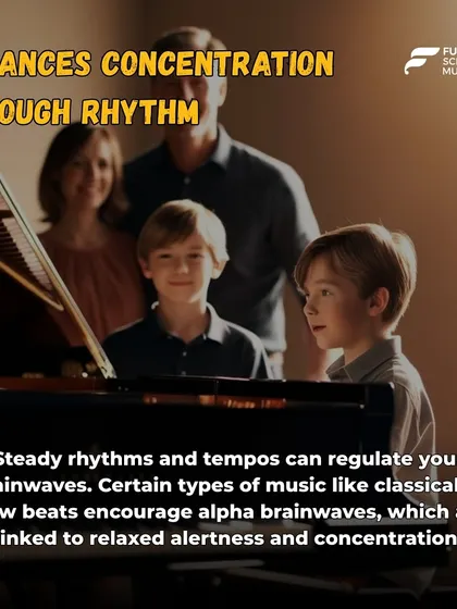 Steady rhythms can help regulate brainwaves, encouraging a state of relaxed alertness. This is one of the many reasons why learning an instrument like the piano can enhance concentration.