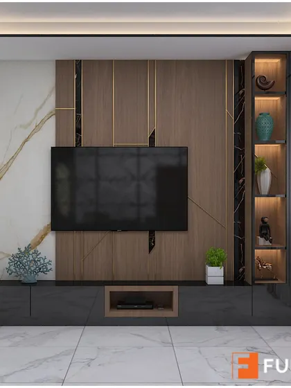 A luxurious TV unit design featuring a back panel of wood and marble, with high-gloss black cabinets below. The adjoining tall shelf with in-cabinet lighting is perfect for displaying decor.