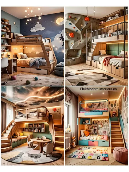 This collage shows four incredibly creative ideas for kids' rooms. From a starry night theme to a rock-climbing wall, these designs are all about making bedtime fun and inspiring imaginative play.