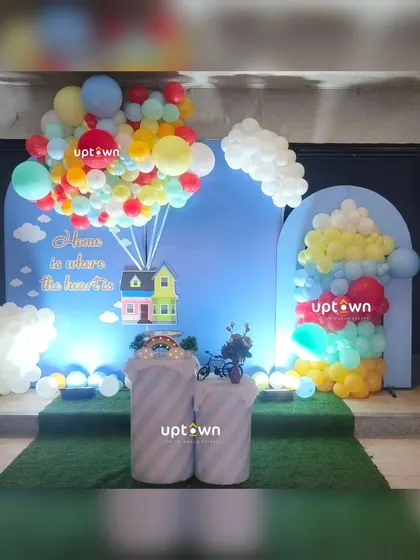 A wide shot of the "Up" themed housewarming party.