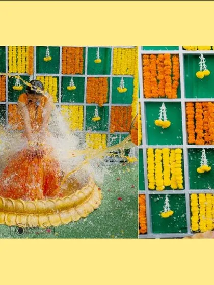 This collage shows the fun and action of a Haldi ceremony, with the bride getting splashed with water. The bright yellow color scheme enhances the joyful and energetic mood.