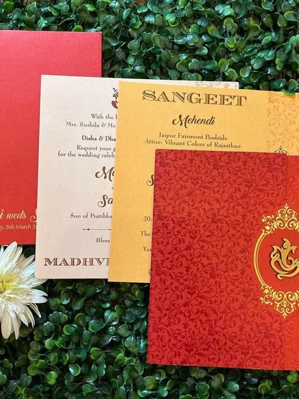 A duplicate of ID 106, this red and saffron invitation set is a popular choice for its vibrant colors and traditional Ganesha motif.