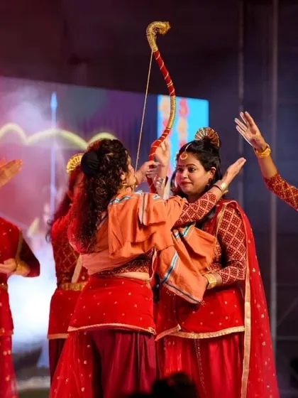 A poignant scene from 'Draupadi', where the performers use expressive dance to convey the story's emotional weight. This production was a testament to our students' dedication.