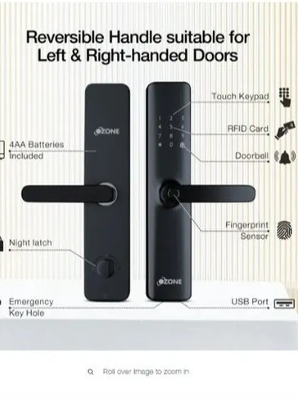 This diagram details the features of the IRIS-11 lock. It points out the reversible handle for left or right-handed doors, touch keypad, fingerprint sensor, night latch, and emergency power USB port.