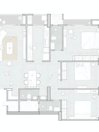 The full architectural layout for 'The Time Capsule' apartment. This drawing shows the open-plan living area and the arrangement of three bedrooms, all designed according to Japandi principles of minimalism and flow.
