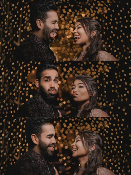 A playful and fun photo collage of the couple against a backdrop of bokeh fairy lights, showing their fun-loving personalities.