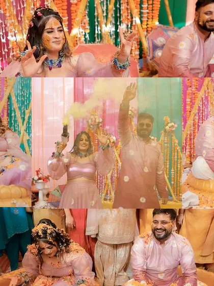 A fun-filled collage summarizing the entire Haldi event. It includes couple portraits, moments with color smoke, and the playful application of turmeric by guests.