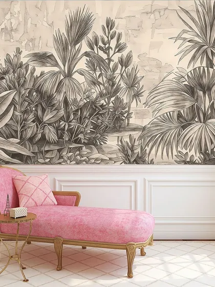A classic black and white jungle sketch wallpaper, paired with elegant wall paneling for a timeless and sophisticated look.