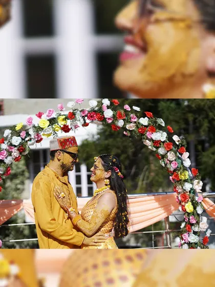 An intimate portrait of the couple during their Haldi ceremony. Even covered in turmeric, their romantic connection shines through.