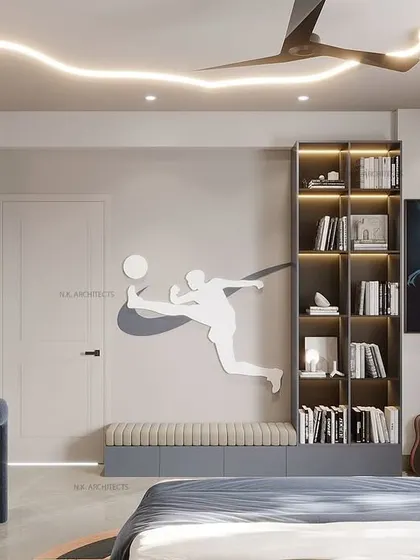 When you are bored with typical false ceilings, explore new ideas with us. This kids' room features a unique, flowing light fixture on the ceiling and walls, creating a dynamic and creative space.