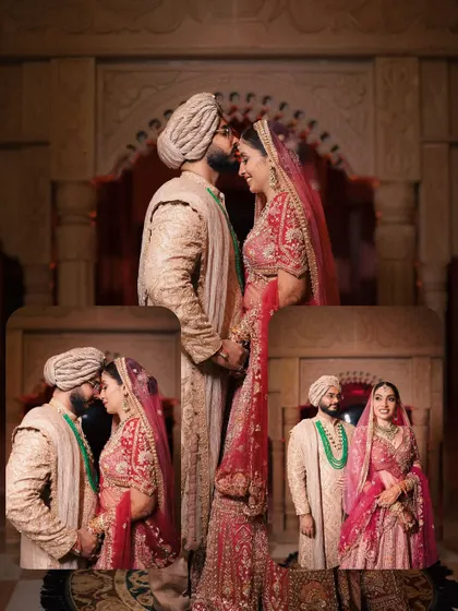 A collage of royal portraits against an ornate palace backdrop. We compose these shots to highlight not just the couple's love, but also the grandeur of their destination wedding venue.
