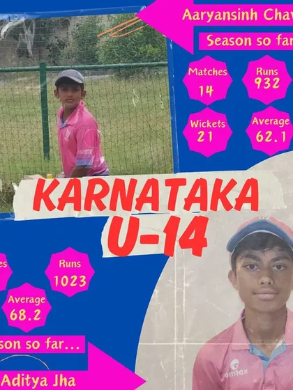 A duplicate image celebrating the selection of Aditya and Aaryansinh to the Karnataka U-14 team.