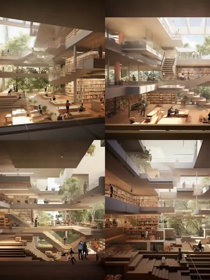 Conceptual explorations using AI for a communal library space in a student hostel. We use technology as a tool to quickly visualize and test complex ideas about multi-level, interactive spaces that are filled with light and nature.