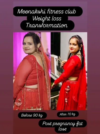 A side-by-side comparison showing a 20 kg post-pregnancy fat loss. This client went from 90 kgs to 70 kgs, regaining her fitness and confidence after childbirth.