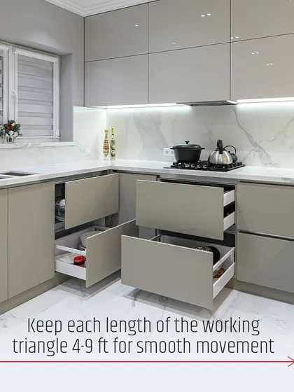 For smooth movement in the kitchen, I design the working triangle to be between 4-9 feet. This ensures an efficient workflow between key areas.