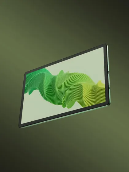 A shot of the realme Pad 2's screen, showcasing its vibrant display against a matching green background.
