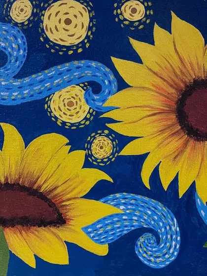 This wall painting was directly inspired by Vincent van Gogh's work, blending his iconic 'The Starry Night' style with sunflowers for a unique composition.