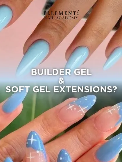 A side-by-side comparison of Builder Gel and Soft Gel extensions, both featuring a beautiful baby blue color.