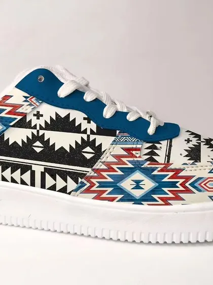 This design is inspired by the beautiful geometric weaves of Kullu shawls from the Himalayan region. It was a joy to translate the cultural heritage of the mountains onto a sneaker for Liberty Shoes.