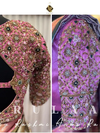 A beautiful pink bridal blouse with heavy, all-over embroidery. The intricate jaal pattern is filled with pearls and stones for a truly royal look.