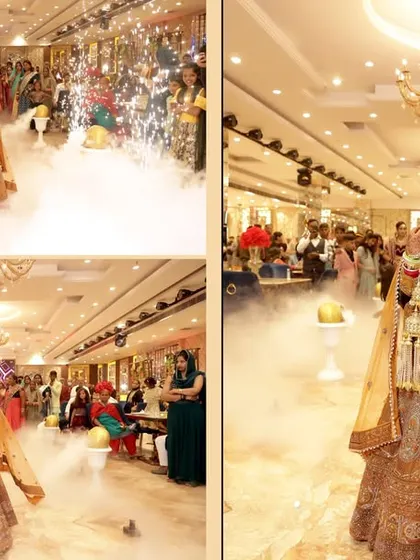 The bride's grand entrance is a showstopper. We capture this moment with dramatic effects like stage smoke to make it unforgettable.