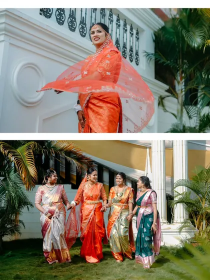 A collage showing the bride's flowing veil and a happy moment with her bridesmaids, capturing the joy and friendship of the day.