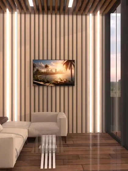 A 3D render of a proposed glass house interior. The design features wood-paneled walls with integrated vertical lighting, creating a warm and modern living space.