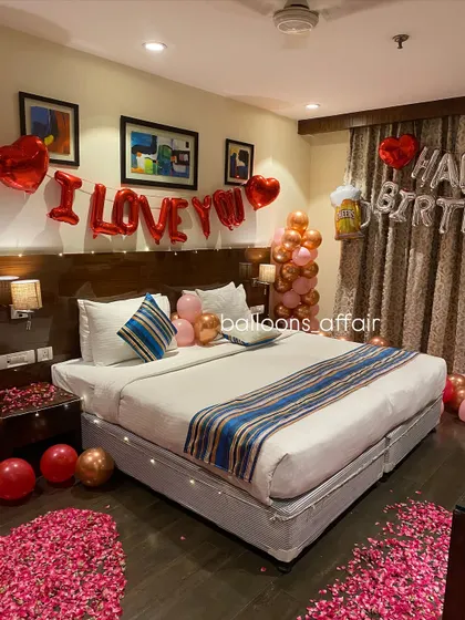 A complete view of the room, showing how I can decorate for two occasions at once with both birthday and romantic elements.