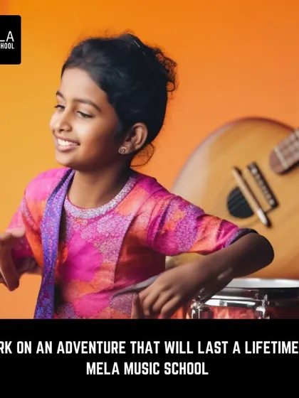A young girl smiles as she plays the drums, with a guitar in the background. I help children embark on a musical adventure that will last a lifetime.