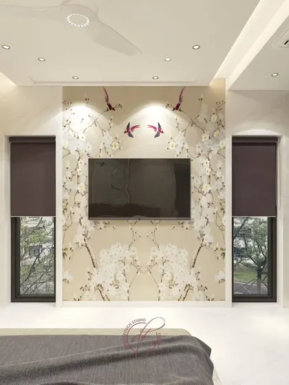 This render focuses on the media wall in the bedroom, with its beautiful floral and bird wallpaper. The design creates a captivating focal point and brings a sense of calm to the room.