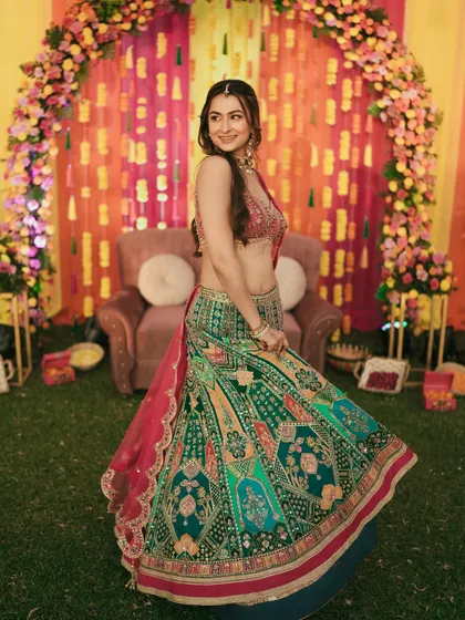 A side-profile twirl, capturing the bride's happy expression and the beautiful movement of her dress.