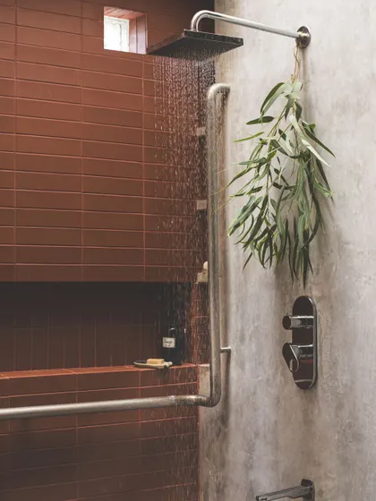 The shower niche is carved into the terracotta tile wall, providing practical storage. The simple, clean lines and honest materials are a hallmark of our design approach, creating beauty through function.