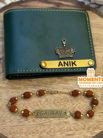 This combo includes a personalized men's wallet and a Rudraksha rakhi with a name. The wallet is available in multiple colors and can be customized with a name and a charm, like the crown shown here.