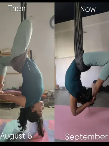 A client's incredible progress in just one month. This before-and-after shot shows a much deeper backbend in her inverted scorpion pose, a testament to her dedication.